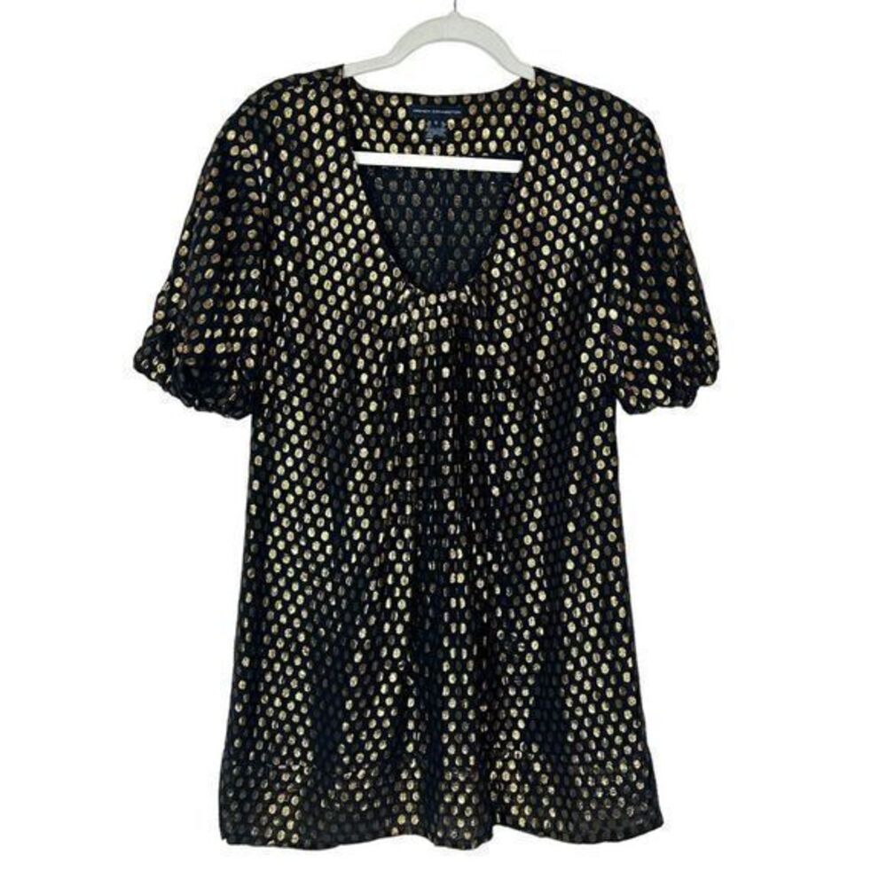French Connection Black Silk Mini Party Dress Gold Polka Dot Puff Sleeve 2 XS